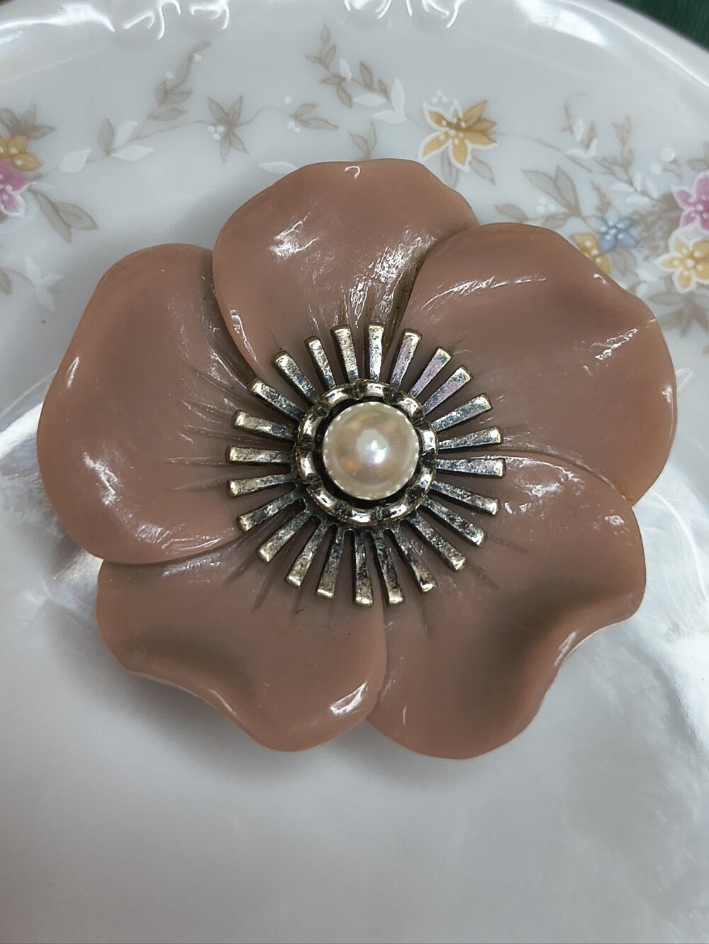 Vtg 40s 50s Celluloid Flower Brooch Pin Faux Pearl Atomic Starburst Double Pin